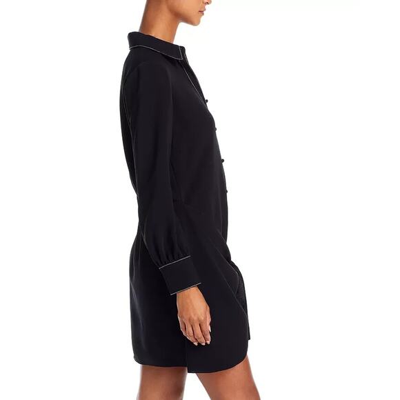 Cinq a Sept Gaby Tie Waist Topstitched Crepe Mini Dress Black Long Sleeve 0 - Picture 6 of 10